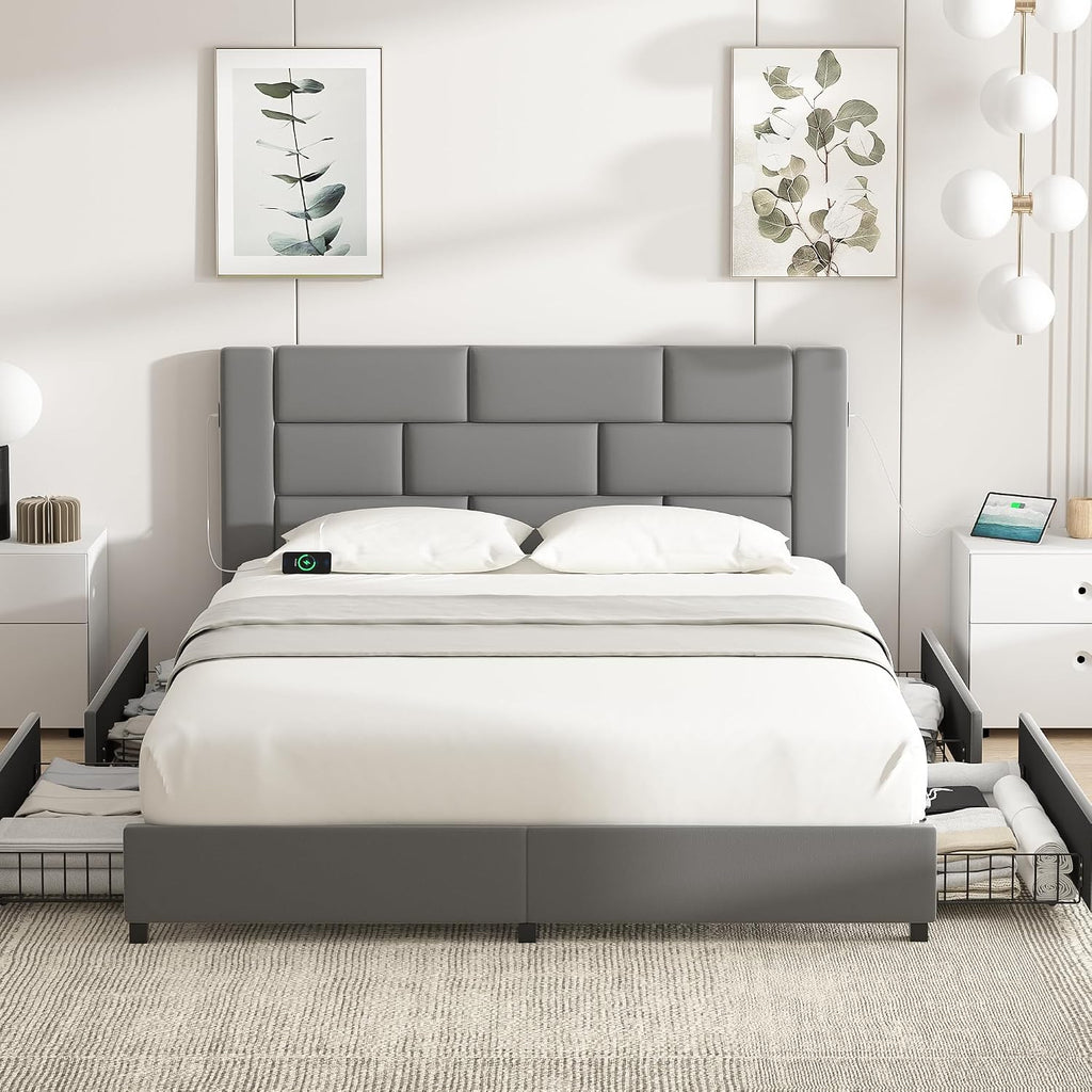 VECELO Full Bed Frame with 4 Storage Drawers, Upholstered Platform Beds with Velvet Headboard and Charging Station-Ports for USB and Type-C, Noise-Free, No Box Spring Needed, Easy Assembly, Dark Grey