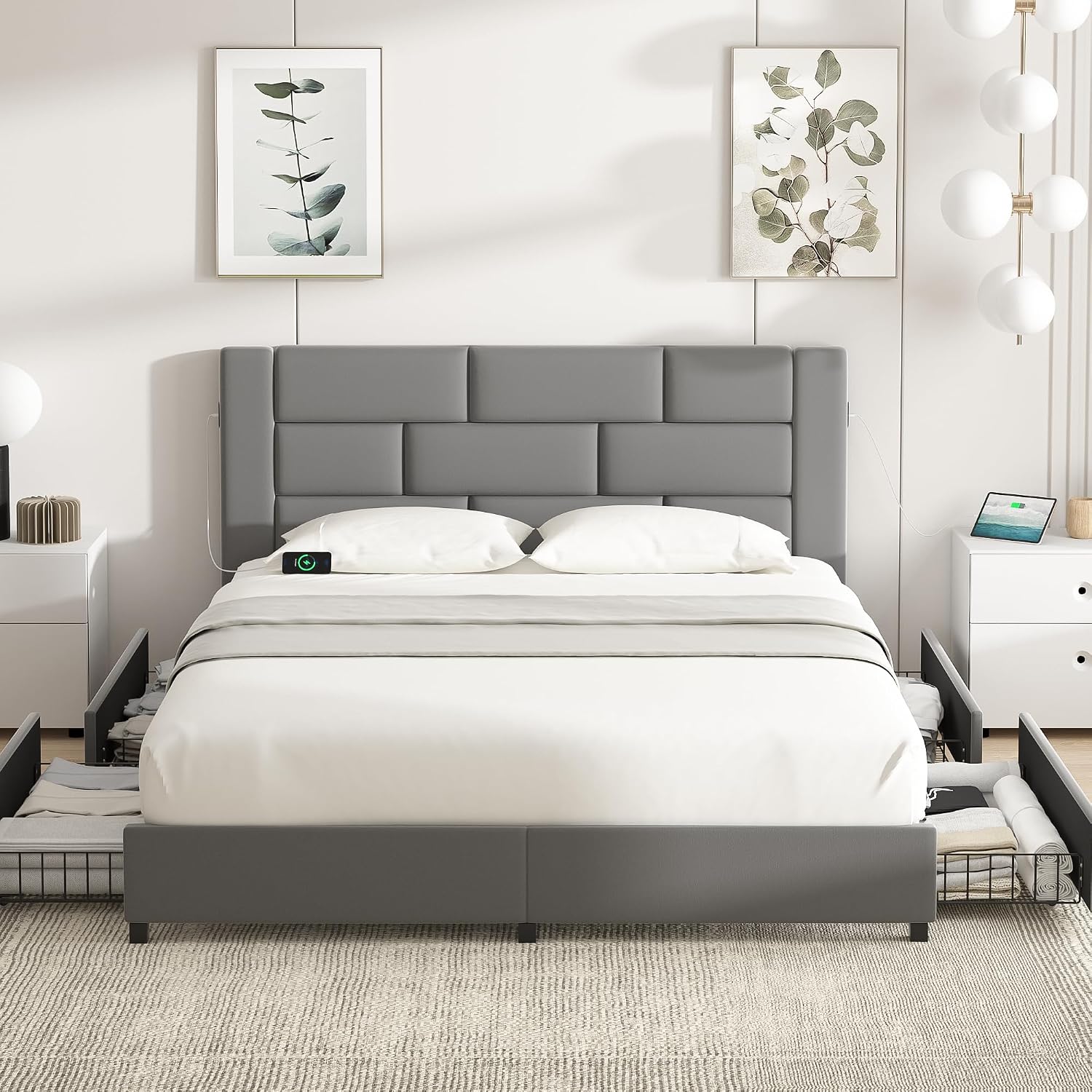 VECELO Full Bed Frame with 4 Storage Drawers, Upholstered Platform Beds with Velvet Headboard and Charging Station-Ports for USB and Type-C, Noise-Free, No Box Spring Needed, Easy Assembly, Dark Grey