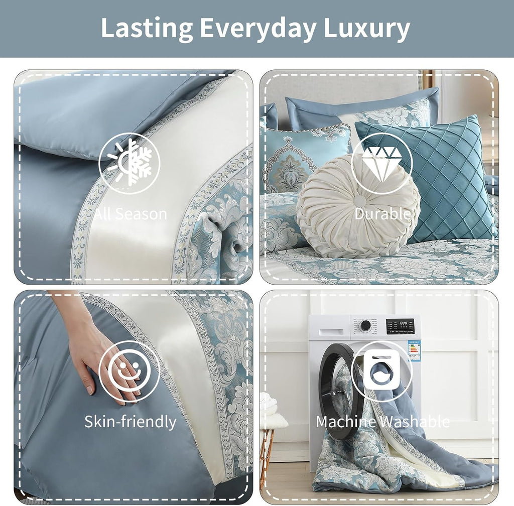 Queen Jacquard Comforter Set Teal Blue Cream - Luxury 7-Piece Bed in a Bag, Damask Patchwork Design, All Season Faux Silk Soft Fluffy Bedding with Bed Skirt, Shams, Pillows, 90'x90'