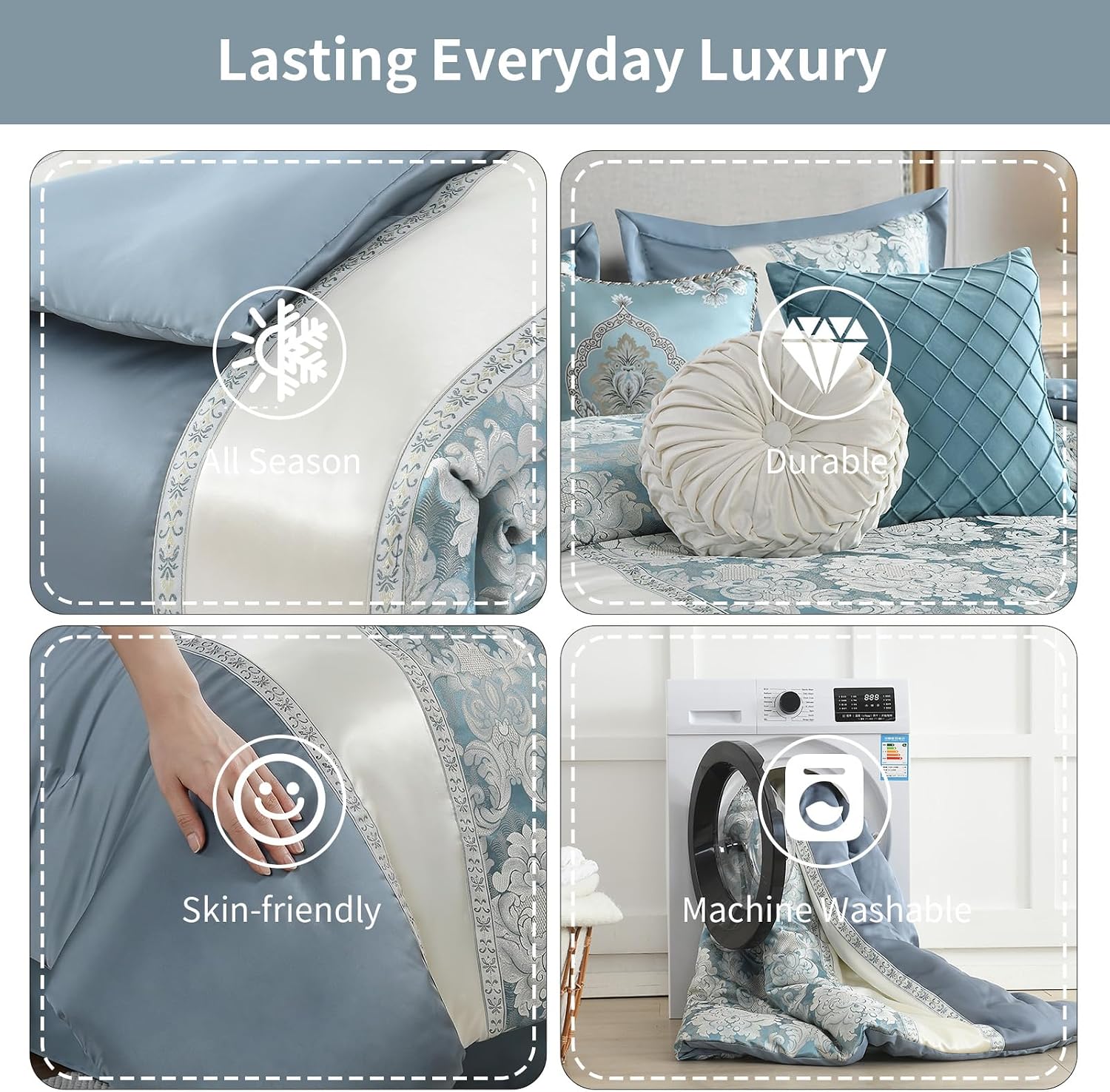 Queen Jacquard Comforter Set Teal Blue Cream - Luxury 7-Piece Bed in a Bag, Damask Patchwork Design, All Season Faux Silk Soft Fluffy Bedding with Bed Skirt, Shams, Pillows, 90'x90'