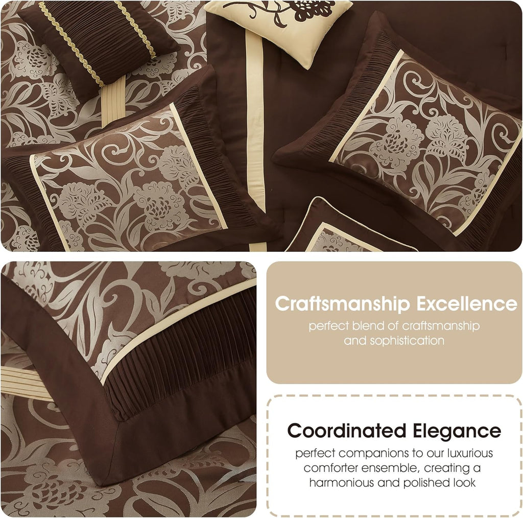 Grand Avenue Brown Gold Comforter Set King Size, 7 Piece Jacquard Floral Bedding Set, All Season, Ultra-Soft, Matching Pillows & Shams, Bed Skirt