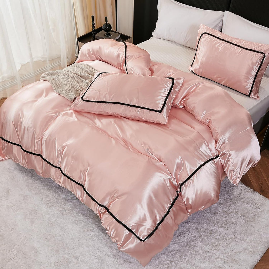 Herside Pink Satin Comforter Set 7 Pieces King Size Bed in a Bag Luxurious Satin Bedding Set with Comforter Pillowcases and Sheets Sets Mini Pompoms Design Super Soft Silky Bed Set for All Seasons
