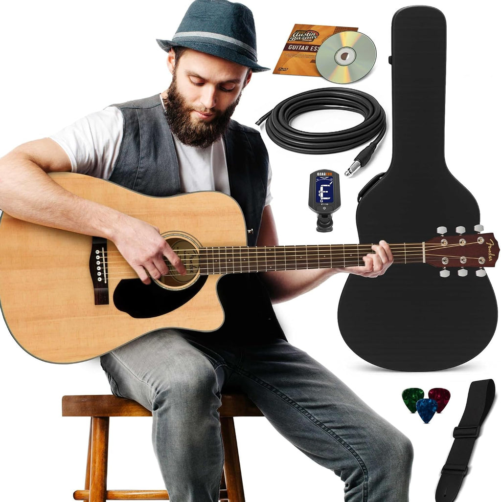Fender CD-60SCE Solid Top Dreadnought Acoustic-Electric Guitar - Natural Bundle with Hard Case, Instrument Cable, Tuner, Strap, Strings, Picks, Austin Bazaar Instructional DVD, and Polishing Cloth