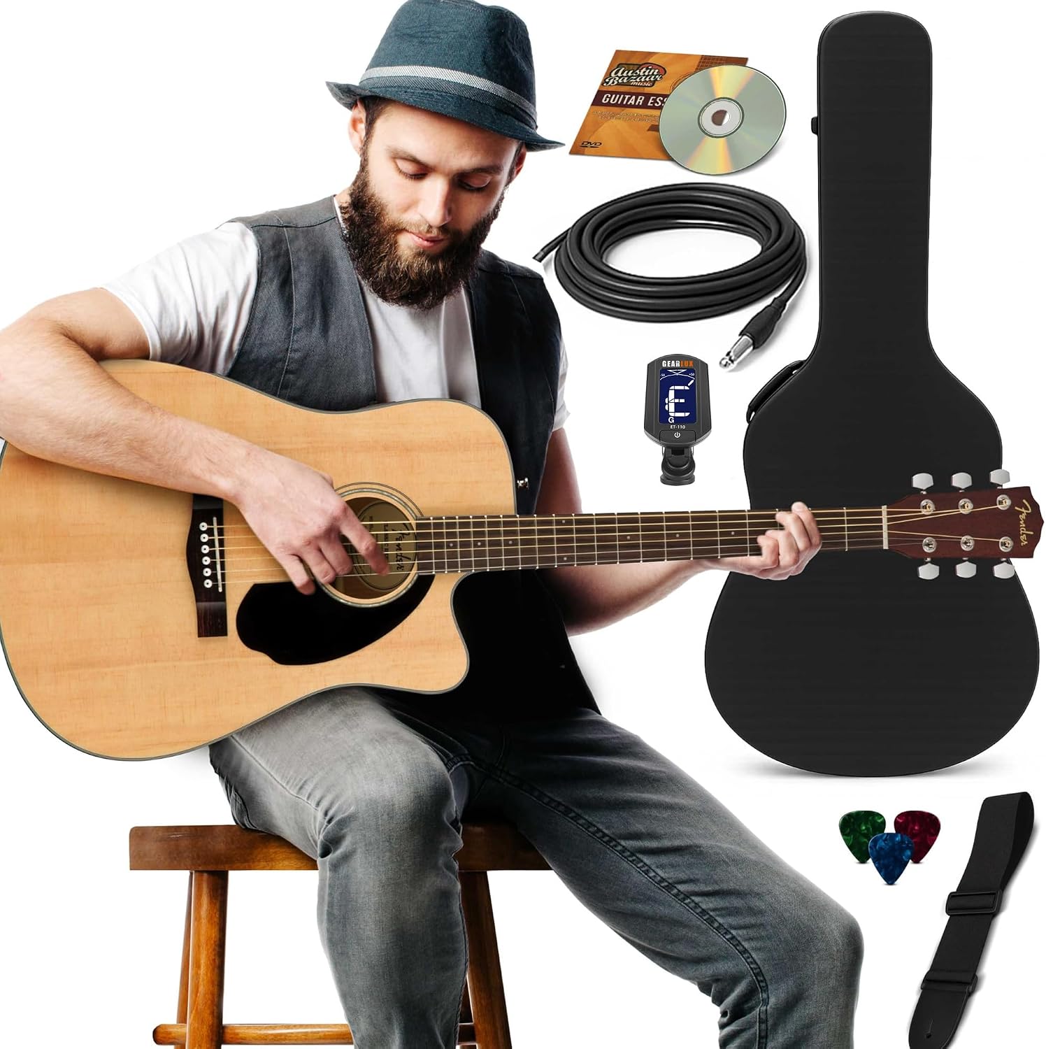 Fender CD-60SCE Solid Top Dreadnought Acoustic-Electric Guitar - Natural Bundle with Hard Case, Instrument Cable, Tuner, Strap, Strings, Picks, Austin Bazaar Instructional DVD, and Polishing Cloth