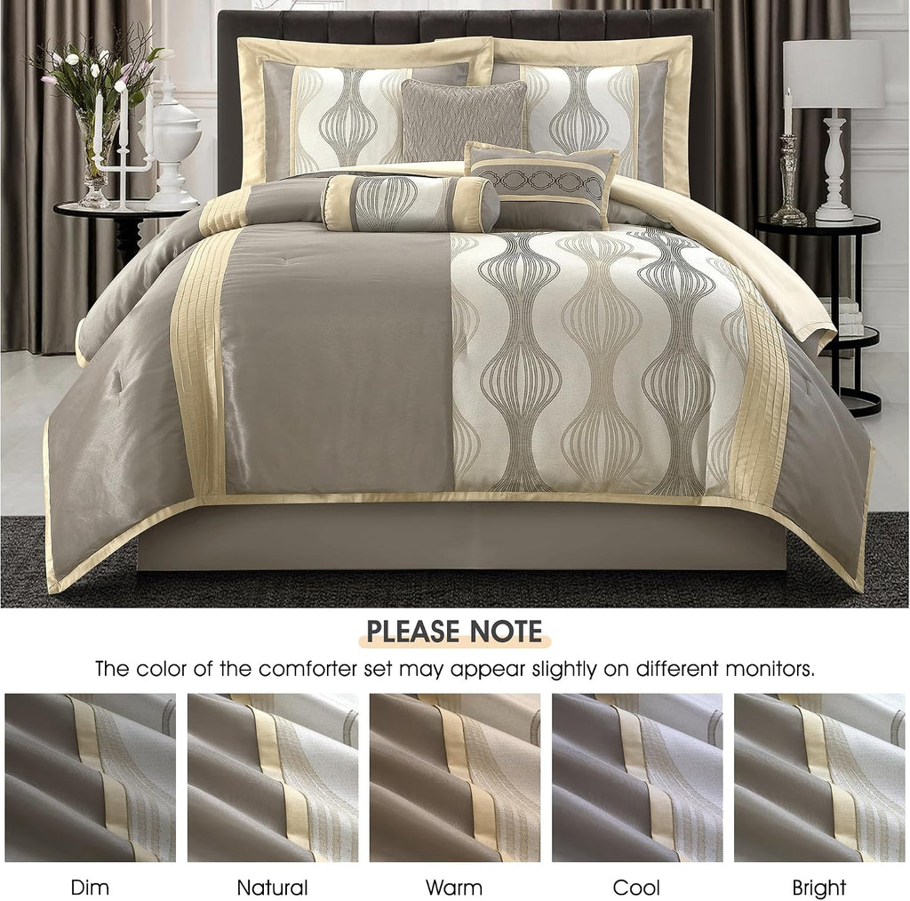 LANCO MODERN LIFESTYLE King Comforter Set, Grey Gold, 7 Pieces in a Bag, Ultra Soft Jacquard with Solid Piecework, Luxury Bed Set with Comforters, Bed Skirt, Pillow Shams and Decorative Pillows