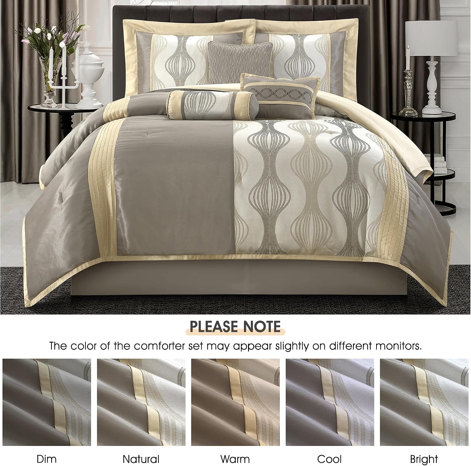 LANCO MODERN LIFESTYLE King Comforter Set, Grey Gold, 7 Pieces in a Bag, Ultra Soft Jacquard with Solid Piecework, Luxury Bed Set with Comforters, Bed Skirt, Pillow Shams and Decorative Pillows