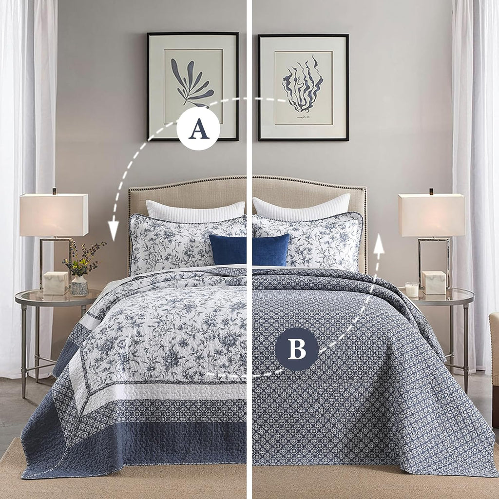 Floral Bedspread 102'x120' Oversized Queen Bedspread, 100% Cotton Oversized Queen Quilt with 2 Pillow Shams, Lightweight Garden Quilted Bedspreads Coverlet Sets, Blue/White, 3 Pcs