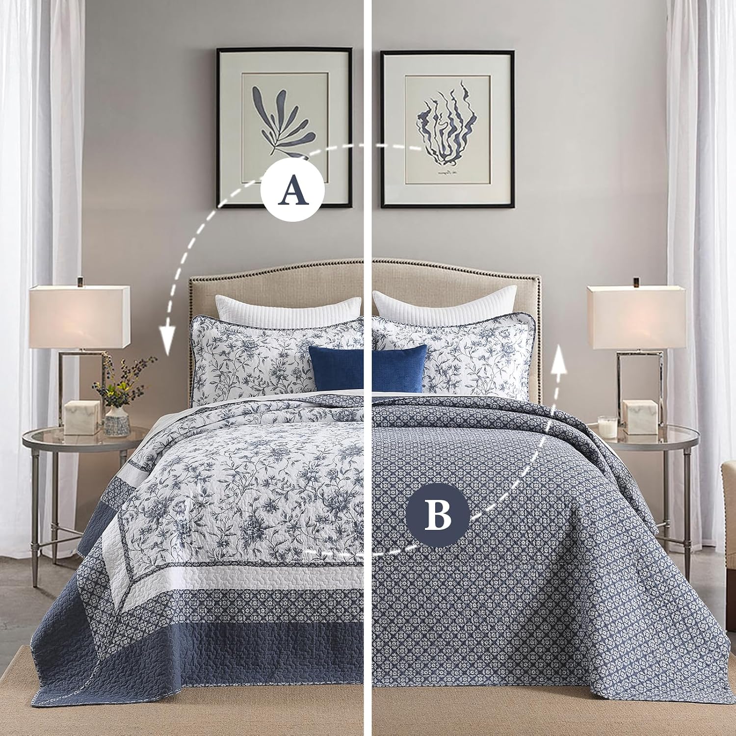 Floral Bedspread 128'x120' California King Bedspread, 100% Cotton XL Oversized King Quilt with 2 Pillowshams, Lightweight Garden Quilted Bedspreads Coverlet Set, Blue/White, 3 Pcs