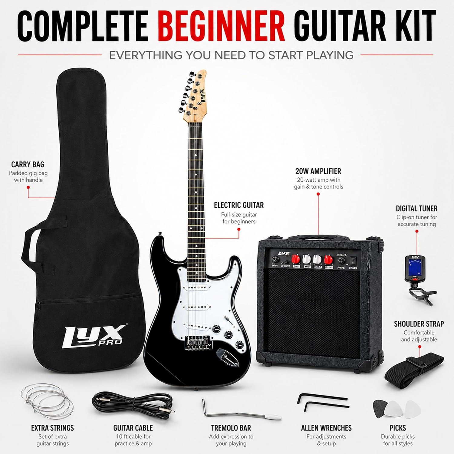 LyxPro 39 Inch Electric Guitar Beginner Kit, Full Size Right Handed Starter Set with 20W Amp, Gig Bag, Digital Tuner, Strap, Picks, Strings, Cable, Tremolo Bar, Black