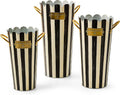 MACKENZIE-CHILDS Set of 3 Galvanized Flower Buckets, Decorative Metal Buckets, Black-and-White Courtly Stripe