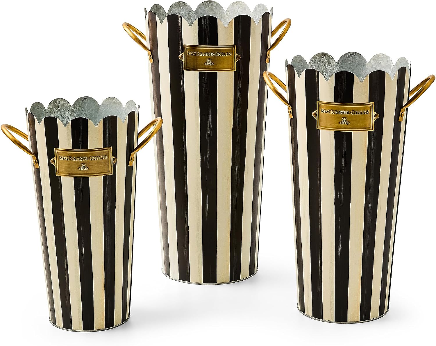 MACKENZIE-CHILDS Set of 3 Galvanized Flower Buckets, Decorative Metal Buckets, Black-and-White Courtly Stripe
