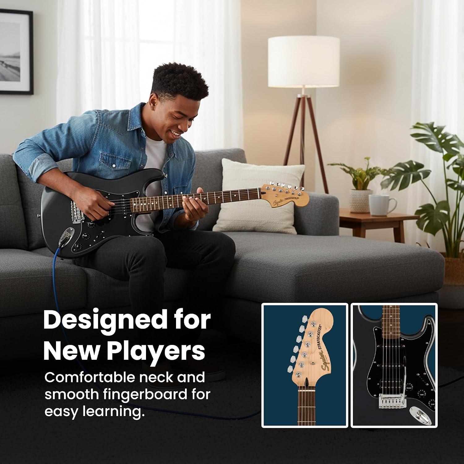 Fender Squier Affinity Stratocaster HSS Pack - Charcoal Frost Metallic Bundle with Frontman 10G Amplifier, Cable, Gig Bag, Tuner, Strap, Picks, and Austin Bazaar Instructional DVD