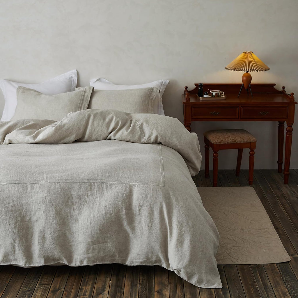 Simple&Opulence 100% Washed Linen Duvet Cover Set 104'x92' - 3 Pieces Soft Farmhouse Comforter Set Double Embroidered with Button Closure - 1 Duvet Cover and 2 Pillowshams (Linen, King)