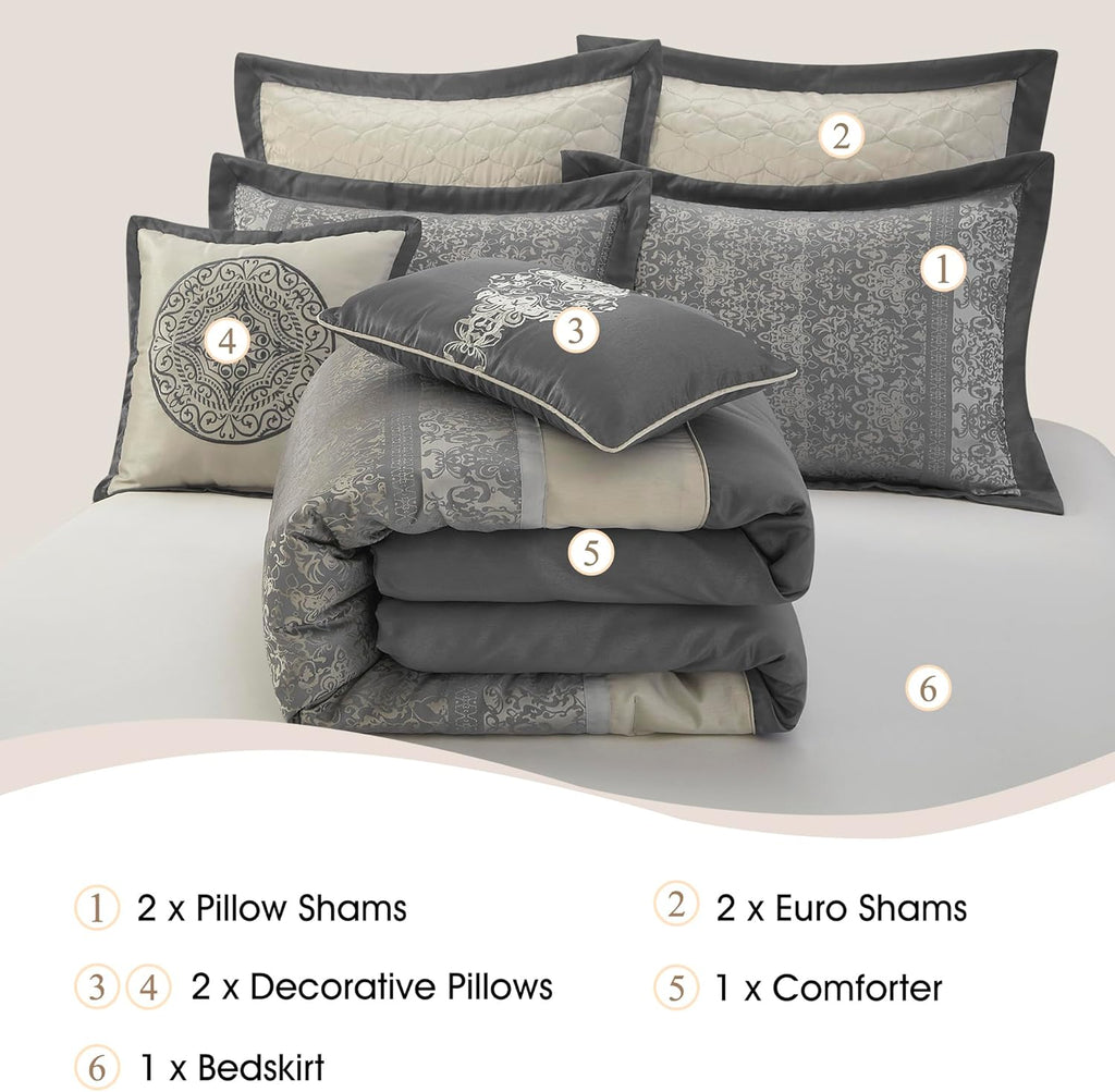 Stratford Park Silver/Ivory Damask Patchwork California King Comforter Set, 8 Piece, Jacquard All Season Premium Bedding Set, Bed Skirt, Pillows & Shams