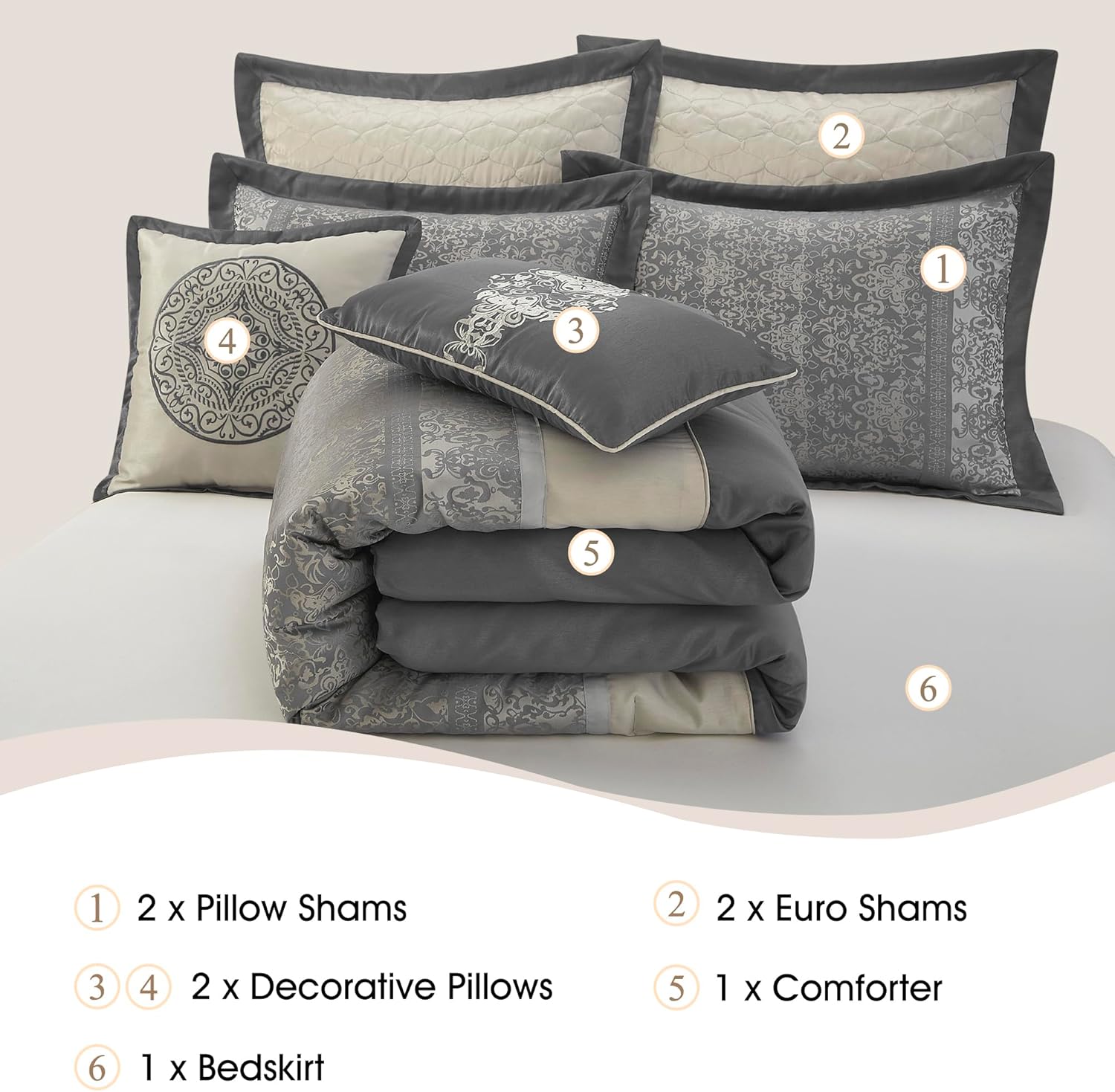 Stratford Park Silver/Ivory Damask Patchwork California King Comforter Set, 8 Piece, Jacquard All Season Premium Bedding Set, Bed Skirt, Pillows & Shams