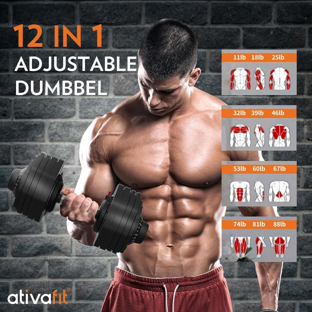 ATIVAFIT Adjustable Dumbbell Set of 2, 5–88LB Quick Dial Free Weights with Double Safety Lock, Anti-Slip Steel Handle & Storage Box, Space Saving Home Gym Equipment for Full Body Strength Training, Suitable for Home Fitness Users