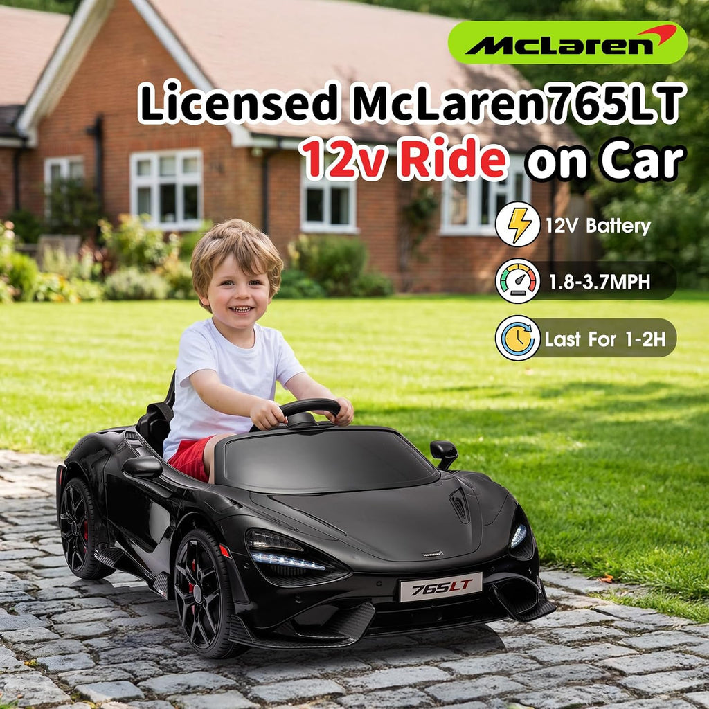 Kids Ride-on Car Licensed McLaren765LT for 3-6Years Old, Electric car 12V Battery Powered Electric Vehicle, w/Parent Remote, Music Player, LED Lights, Smooth Start, 3 Speeds, (Black)