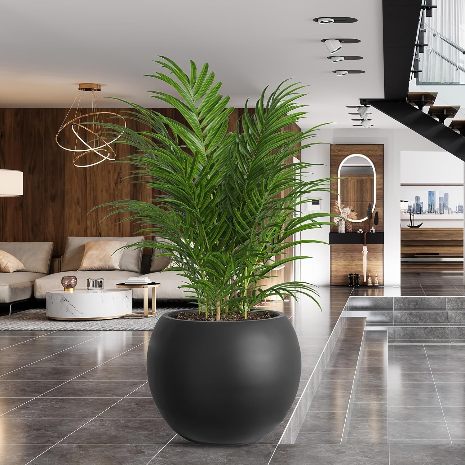 Panlaolao 17 H x 21' Dia (15' Pot Opening) Round Fiberstone Planter with Drainage Hole, Black, Indoor/Outdoor Large Plant Pot for Home Patio Garden, Planter for Christmas Tree, Ideal for Large Plants