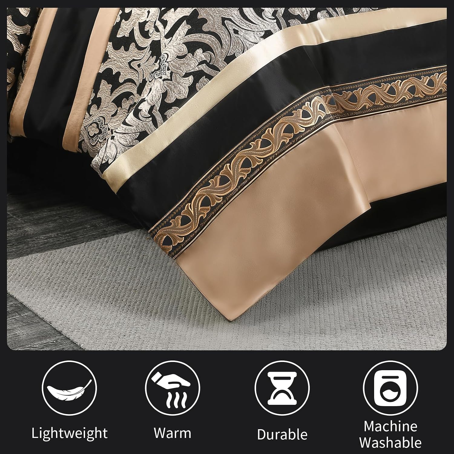 Black and Gold Queen Size Comforter Set,7 Pieces Luxury Silky Elegant Damask Jacquard Fluffy Reversible Bedding for All Season,Matching Bed Skirt, Pillows & Shams