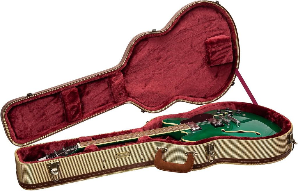 Crossrock Master Series 335 Style 6-String Semi-Hollow Electric Guitar Case | Classic Fabric Tweed Exterior, Re-Engineered Wooden Shell, Leather Handle & Deep Red Velvet Interior(CRW720SAFT)
