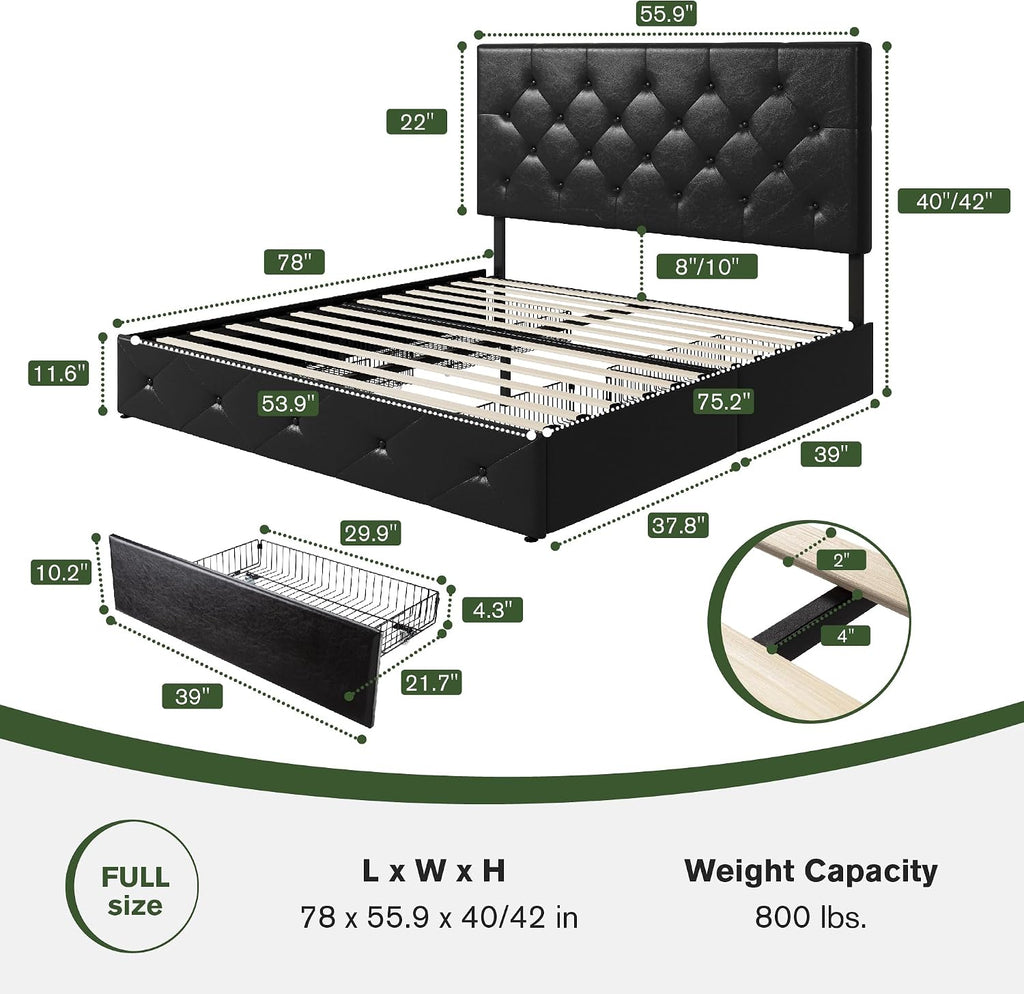 MUTICOR Full Size Bed Frame with 4 Storage Drawers, Upholstered Platform Bed with Button Tufted Adjustable Headboard, No Box Spring Needed, Easy Assembly, Diamond Tufted, Black Leather