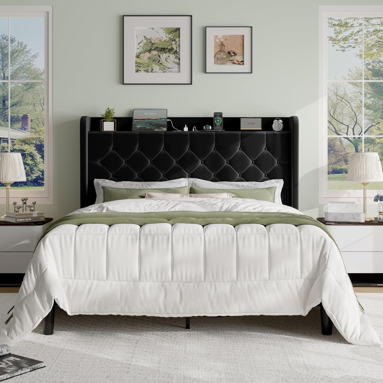 SHA CERLIN Queen Size Platform Bed Frame with Charging Station, Velvet Wingback Headboard with Storage Shelf, Wooden Slats Support, Ample Under-Bed Space, No Box Spring Needed, Easy Assembly, Black