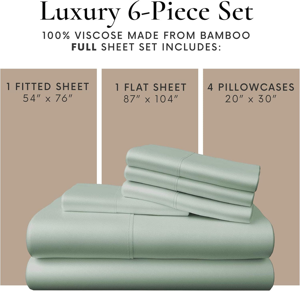 Bamboo Bay 6 Piece Full Size Sheet Set, 100% Viscose Made from Bamboo, Breathable, Ultra Soft Cooling Bed Sheets for Hot Sleepers, Beddings with Deep Pockets Fit 16' Mattress, Sage Green