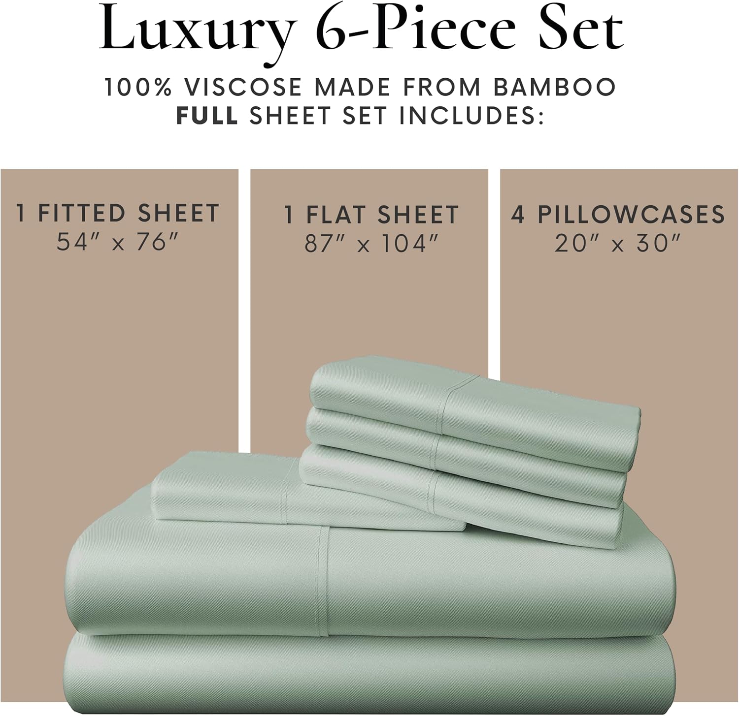 Bamboo Bay 6 Piece Full Size Sheet Set, 100% Viscose Made from Bamboo, Breathable, Ultra Soft Cooling Bed Sheets for Hot Sleepers, Beddings with Deep Pockets Fit 16' Mattress, Sage Green