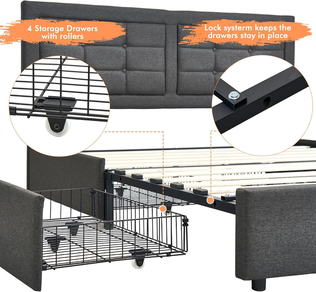 VECELO Full Size Bed Frame with 4 Drawers, Adjustable Tufted Button Headboard, Upholstered Platform with Wood Slats Support, Built-in USB and Type C Ports, Dark Gray