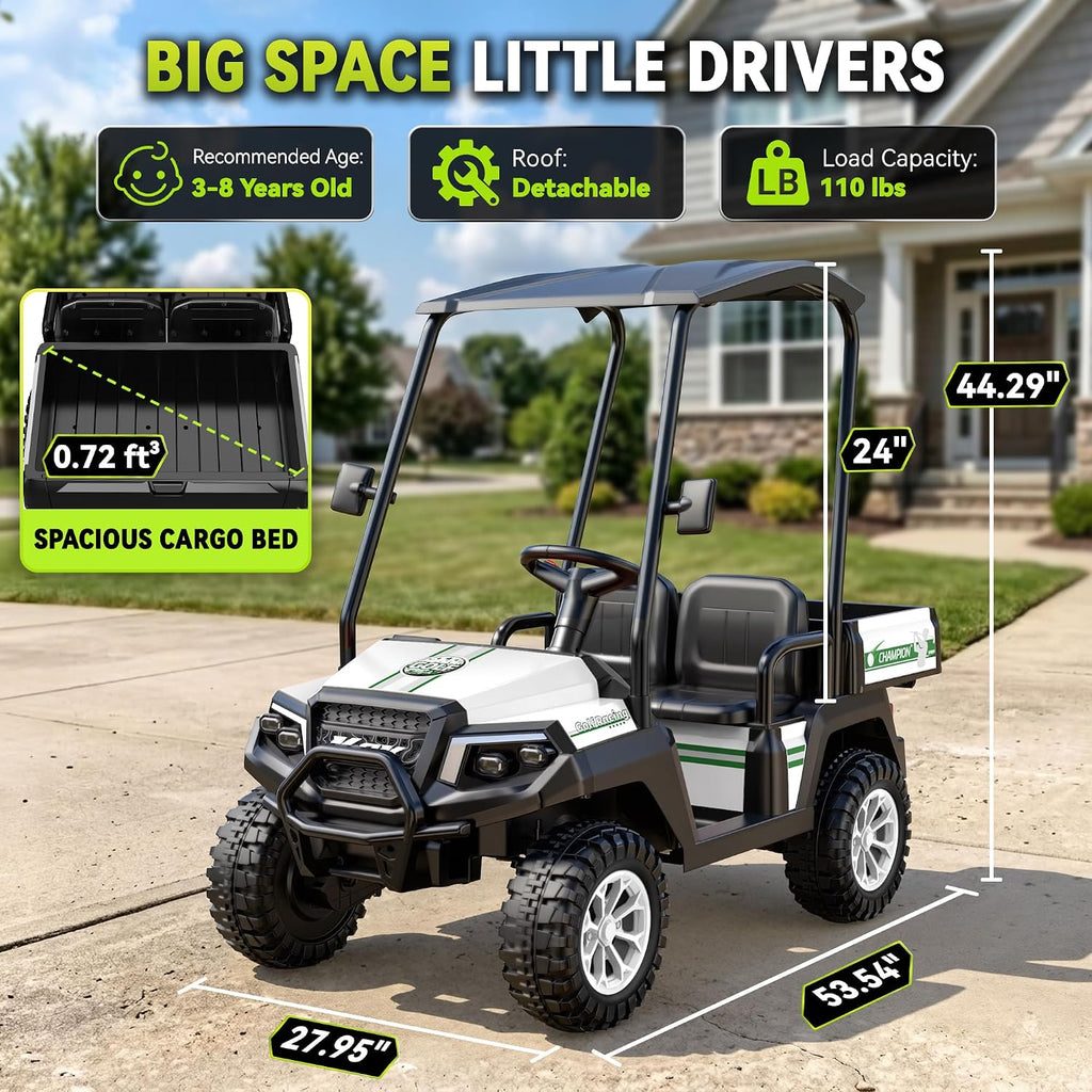24V Kids Golf Cart w/Detachable Awning–4WD 2 Seater Ride on Car w/Large Storage Trunk, Remote Control, 3 Speeds, Music Player, LED Lights, Ride On Toys, Gift for Kids Ages 3-8(White)