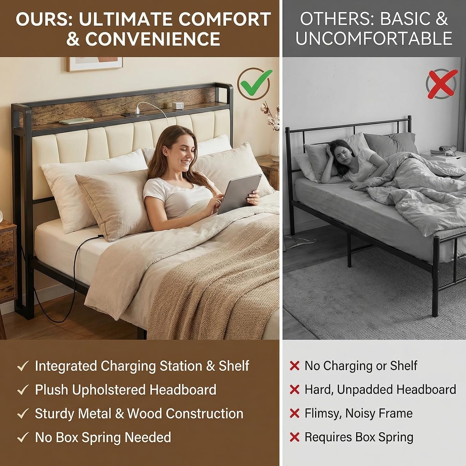 LIKIMIO Queen Bed Frame, Storage Headboard with Charging Station, Solid and Stable, Noise Free, No Box Spring Needed, Easy Assembly (Walnut and Beige)