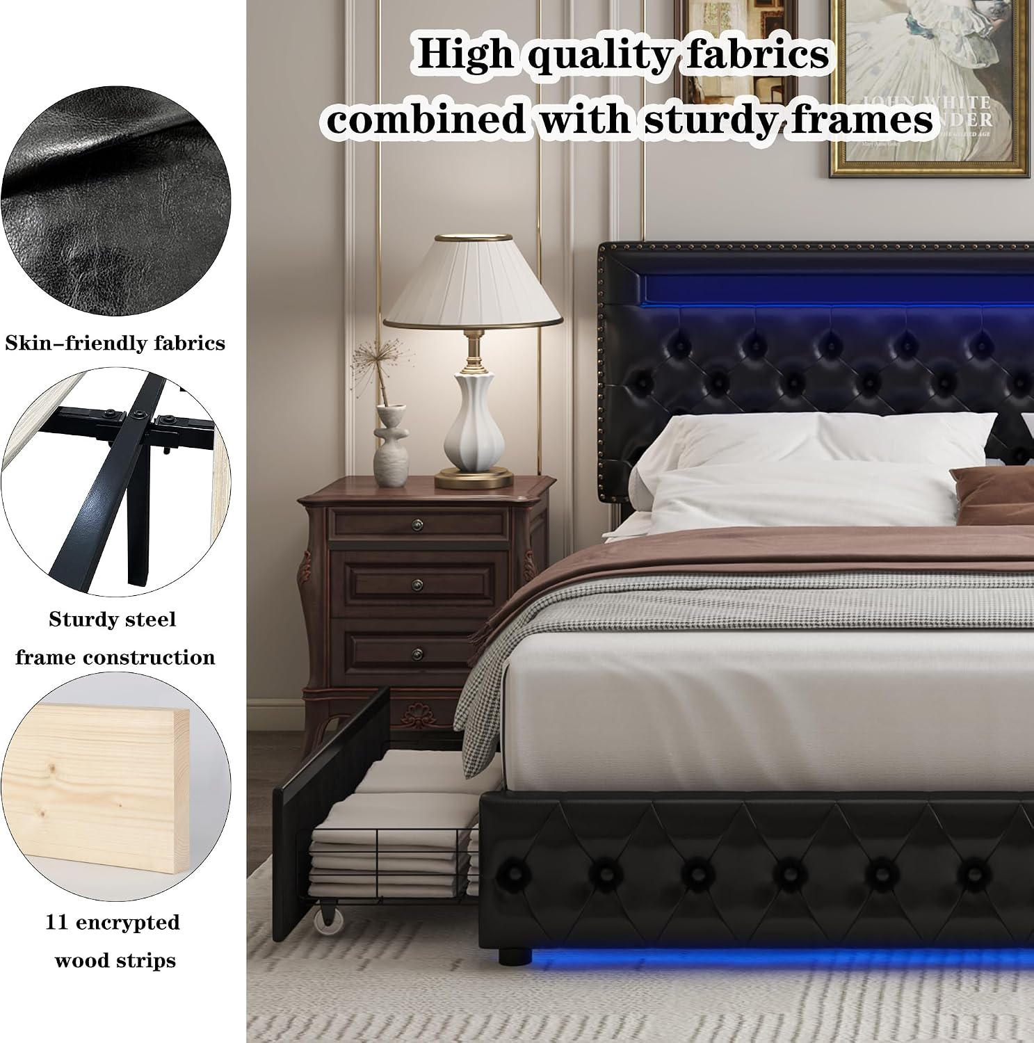 Full LED Bed Frame with 4 Drawers, Platform Bed with Headboard, Adjustable Upholstered Diamond Headboard and Frame, No Box Spring Needed, Wooden Slats Support,PU Black