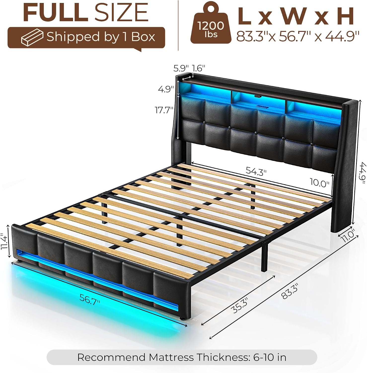 Rolanstar Full Size Bed Frame with LED Lights and Charging Station, Upholstered Headboard with 2-Tier Storage Shelves, Heavy Duty Metal Frame, Noise-Free Support, Easy Assembly, No Box Spring Needed