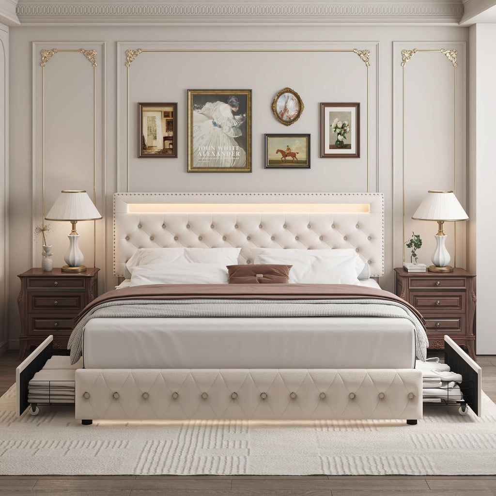 Full LED Bed Frame with 4 Drawers, Platform Bed with Headboard, Adjustable Upholstered Diamond Headboard and Frame, No Box Spring Needed, Wooden Slats Support,Velvet Cream