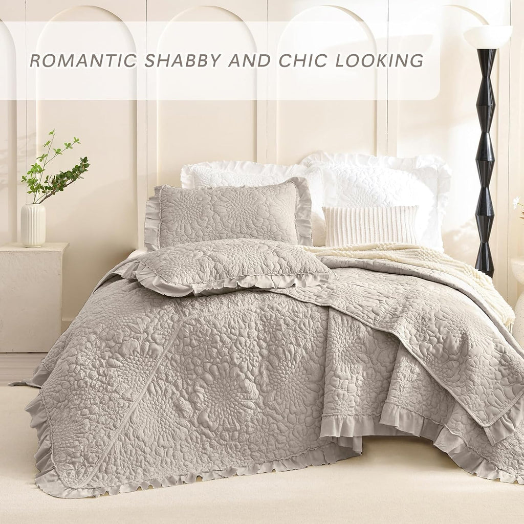 Lady Ann Queen Size Bedspread Set 102 * 118, Linen Feel Stone-Washed Ruffled Quilted Coverlet, 3 Pcs Crinkled Quilt Set Shabby and Chic Blanket Farmhouse Rustic Bedding Set Lightweight