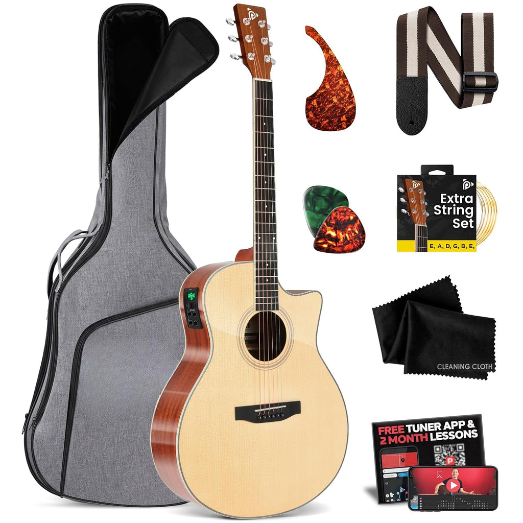 Pyle Premium Electric Acoustic Guitar Kit, 41' Full Size Dreadnought Cutaway with Spruce Top, Mahogany Sides, Gig Bag, Strap, Pickguard, Picks, Extra Steel String Set for Beginners, Advanced, Natural