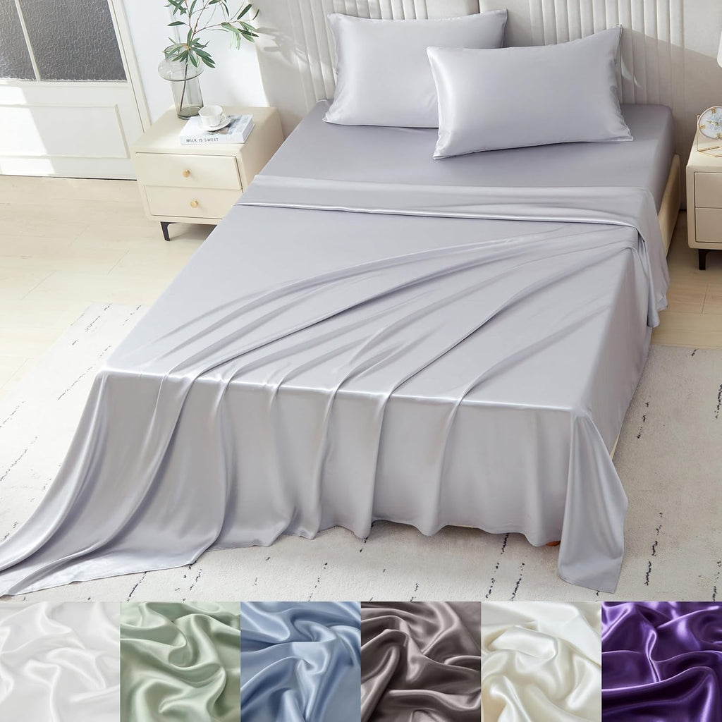 Mulberry Park 100% Pure Cal King Silk Sheet Set 4 Pcs - 22 Momme 6A Mulberry Silk Bed Sheets with 17' Deep Pocket - Breathable, Ultra-Soft, Oeko-TEX Certified, Seamless - Silver