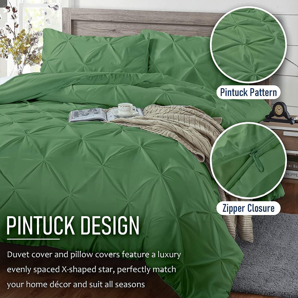Crown Collection Luxuriate Hotel 1000-TC Hypoallergenic Ultra Soft Design 100% Egyptian Cotton Pinch Plated Duvet Cover with Zipper Colser & 2pcs Pillow Case Set (Oversize 98x120, Moss)