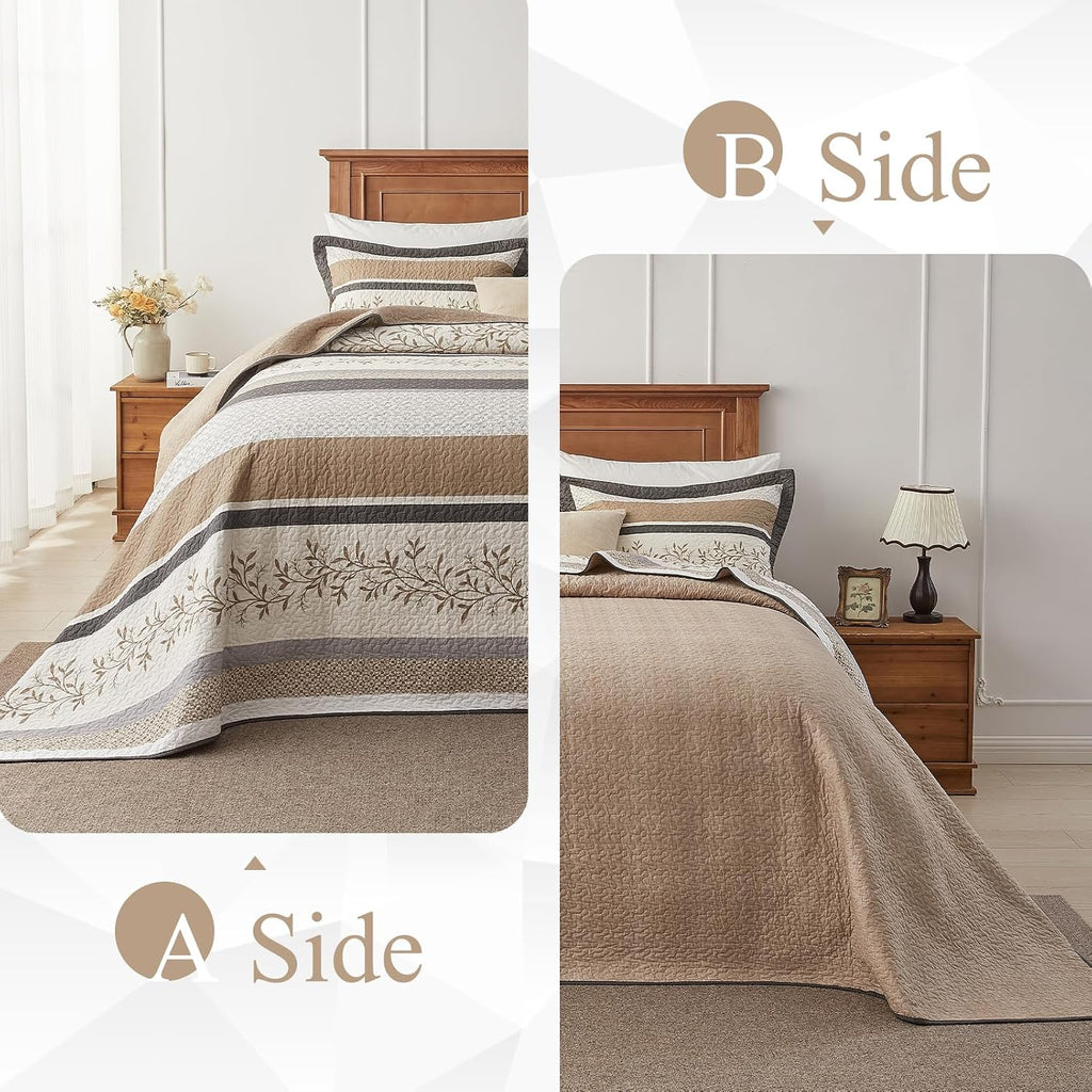 Farmhouse Oversized King Bedspread 128'x120' - 100% Cotton Lightweight California King Quilt Set, Reversible Botanical Striped Pattern Extra Wide Quilted Bedding Coverlet, 3 Pcs, Khaki/Gray