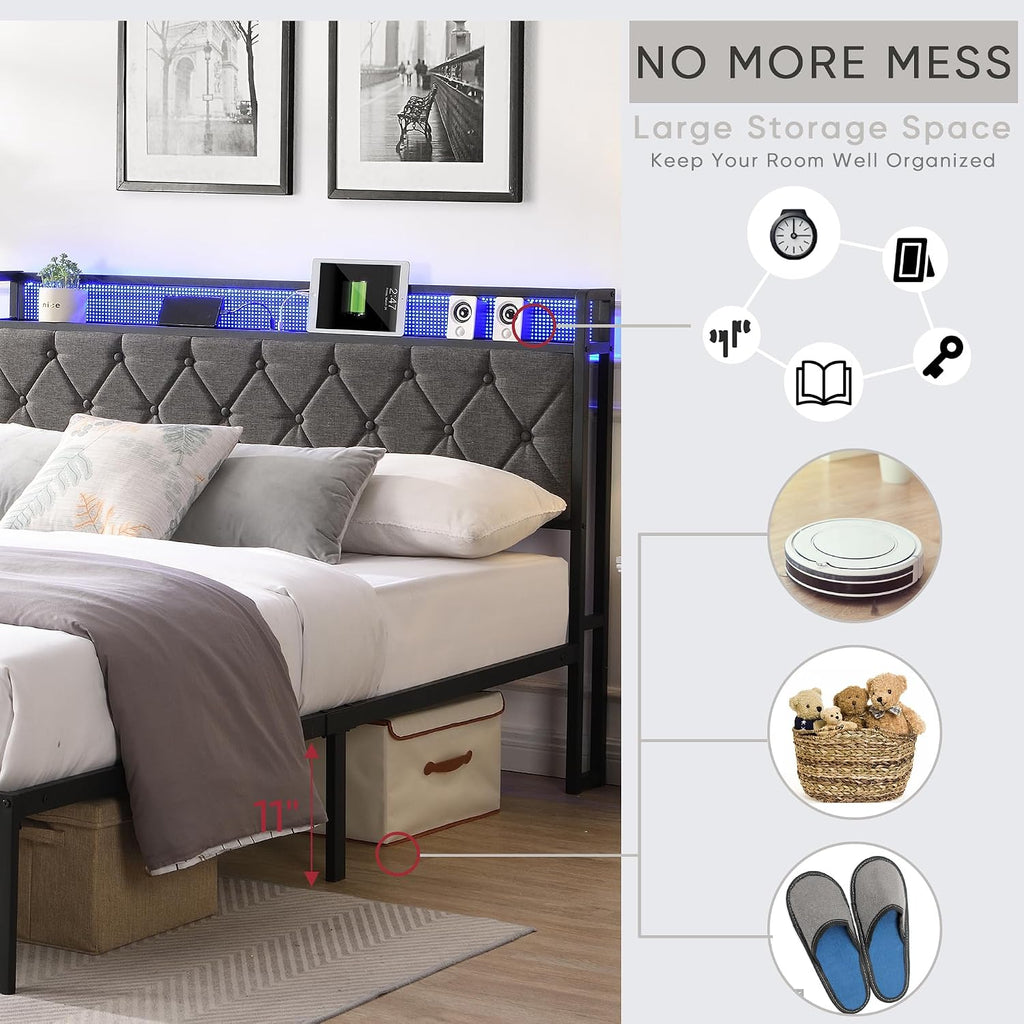Full Size Bed Frames with Storage Headboard, LED Platform Bed Frame Full Size, Upholstered Bed Frame with Charging Station, No Box Spring Needed, Easy Assembly,Dark Gray