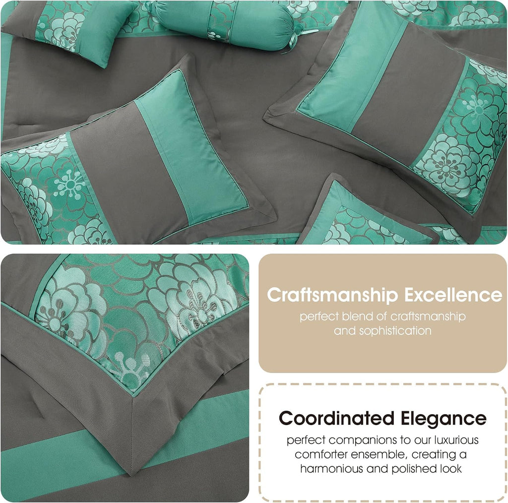 Grand Avenue Aqua Grey Comforter Set King Size, 7 Piece Jacquard Soft Bedding Set, All Season, Bedskirt, Pillows & Shams