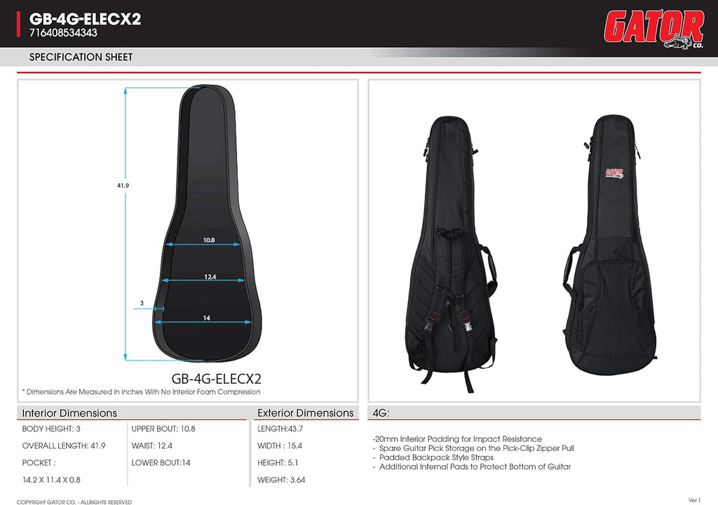 Gator Cases 4G-MiZone Series Gig Bag For Two Electric Guitars With Adjustable Backpack Straps, Fits Two Stratocaster and Telecaster Style Electric Guitars (GB-4G-ELEC 2X)