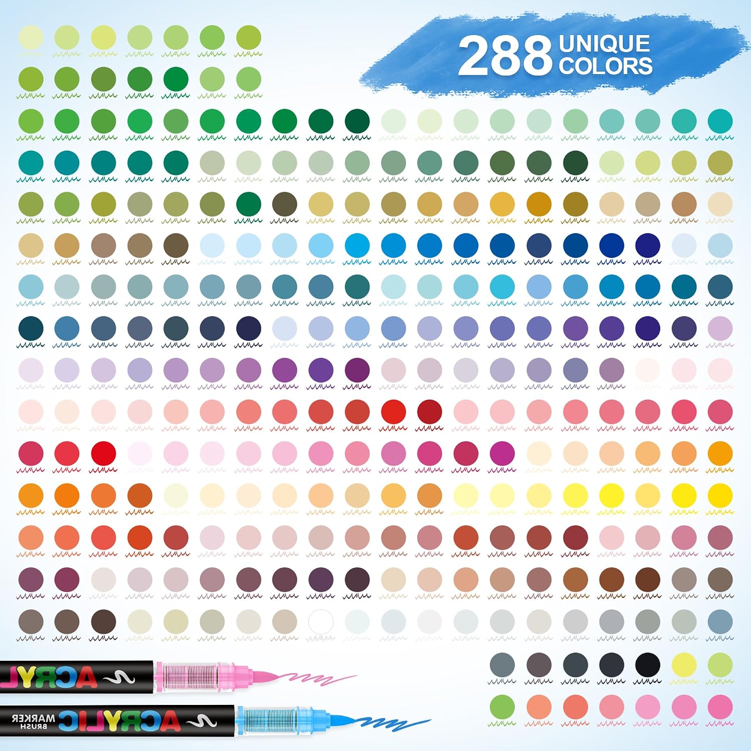 Guangna 288 Acrylic Paint Markers, Brush Tip Acrylic Paint Pens, Quick-Drying Waterproof Ink, for Rock Painting Plastic Wood Canvas Glass Ceramic Metal Art Crafts Supplies Gift