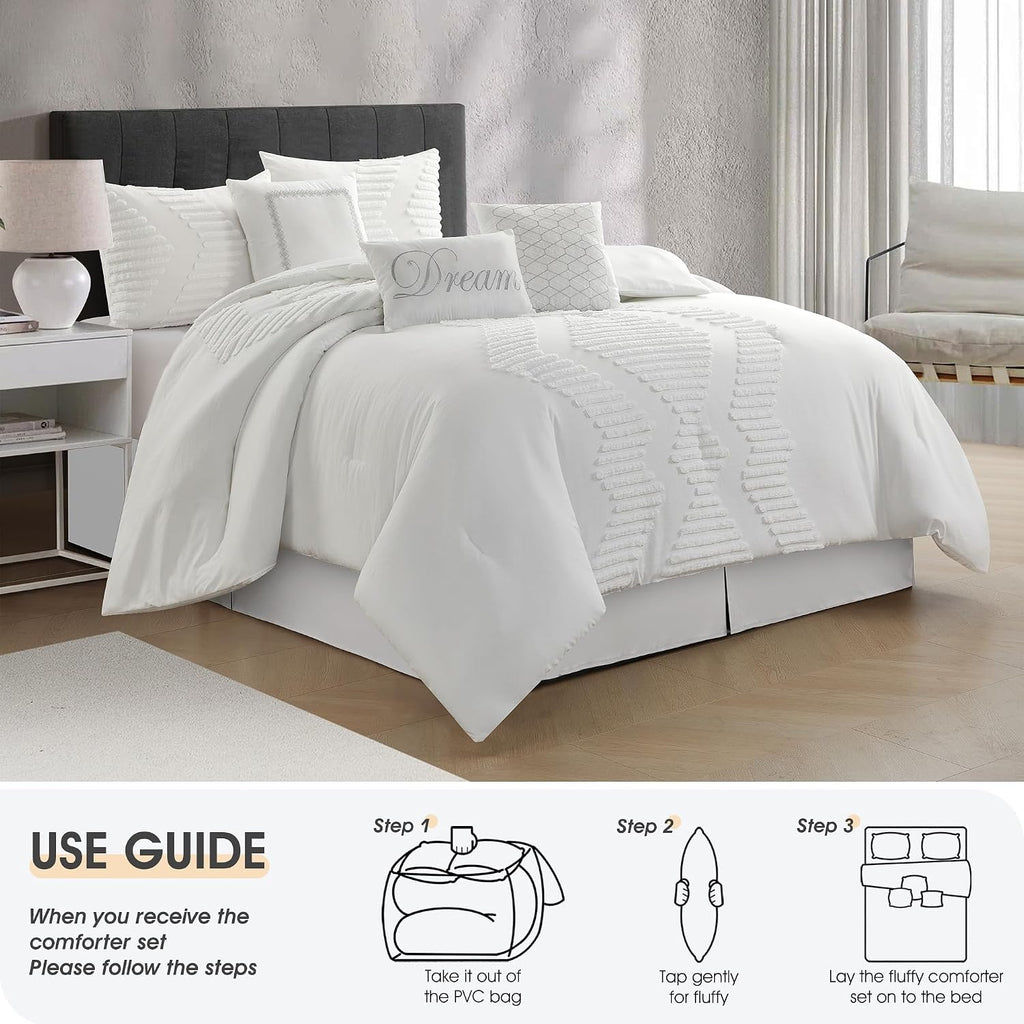 LANCO MODERN LIFESTYLE White Comforter Set 7 Piece, Queen, Tufted Embroidery Geometric, Ultimate Comfort Bedding Set for All Seasons, Bed in a Bag Included Comforter, Bedskirt, Shams and Decor Pillows