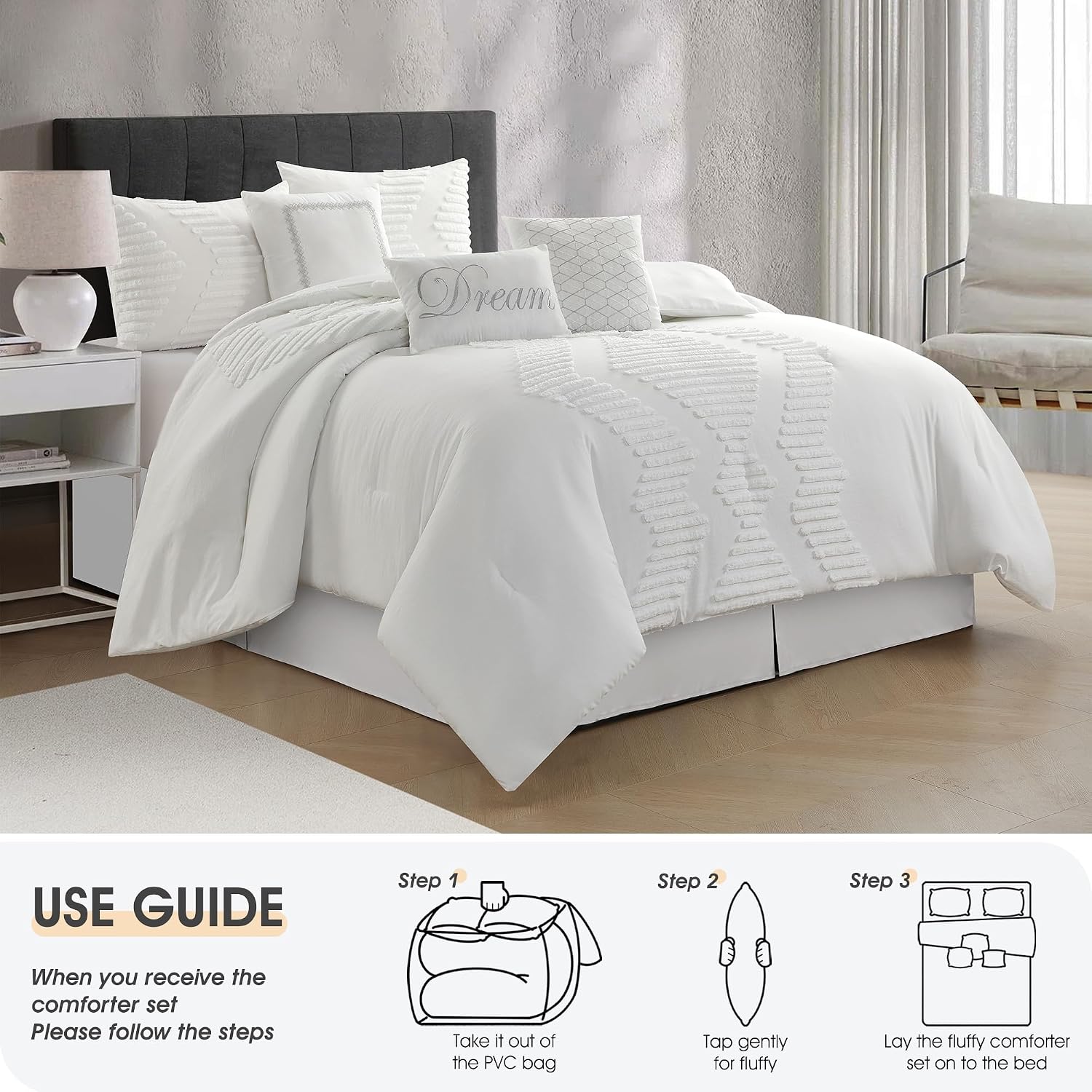 LANCO MODERN LIFESTYLE White Comforter Set 7 Piece, Queen, Tufted Embroidery Geometric, Ultimate Comfort Bedding Set for All Seasons, Bed in a Bag Included Comforter, Bedskirt, Shams and Decor Pillows