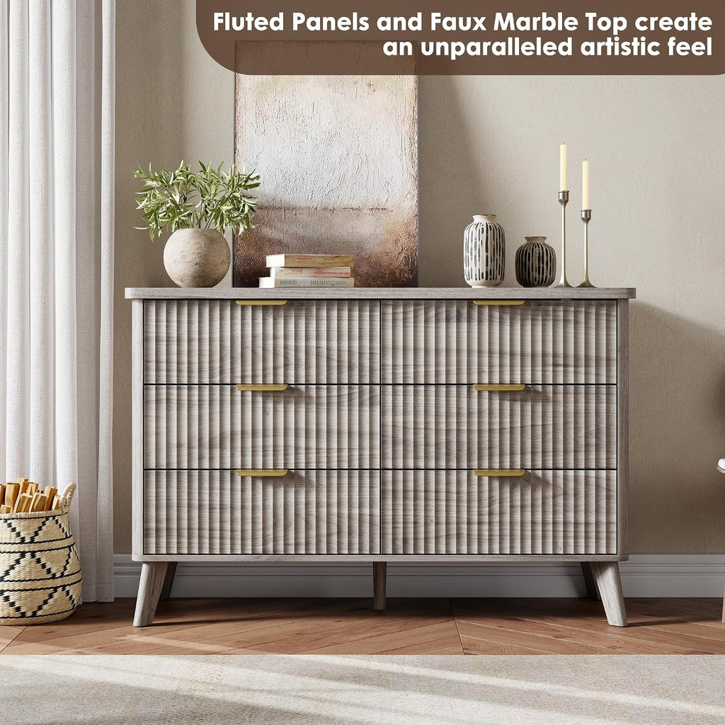 GarveeHome Fluted Dresser for Bedroom with 6 Deep Drawers, 47.2 in Wide Modern Chest of Drawers, Wooden Dresser TV Stand, Curved Profile Design, for Living Room, Kids Room, Hallway, Grey