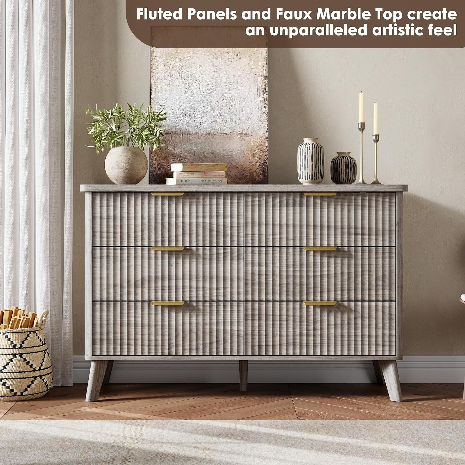 GarveeHome Fluted Dresser for Bedroom with 6 Deep Drawers, 47.2 in Wide Modern Chest of Drawers, Wooden Dresser TV Stand, Curved Profile Design, for Living Room, Kids Room, Hallway, Grey