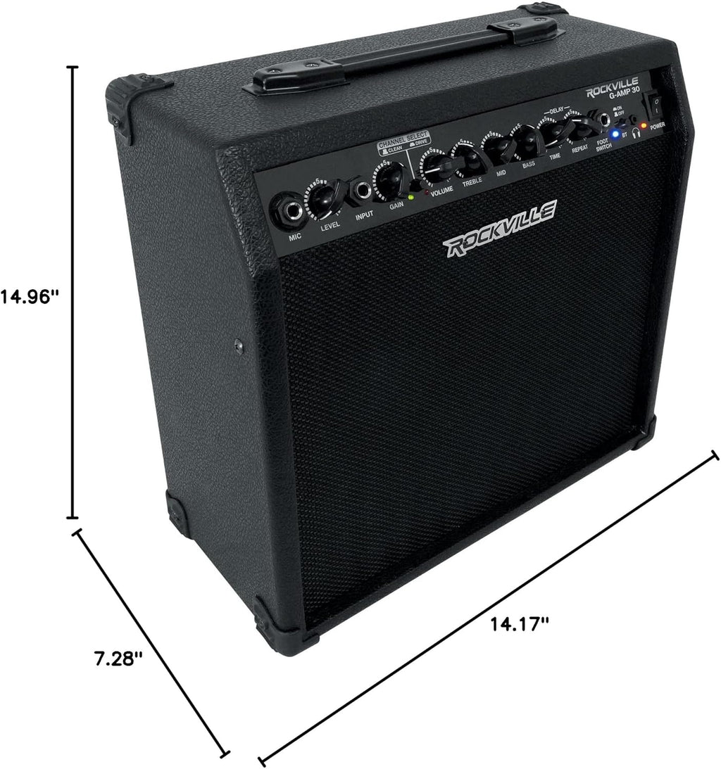 Rockville G-AMP 30 Watt Guitar Combo Amplifier, Bluetooth, Mic Input, Footswitch, Delay Effect, for Home Practice and Small Gigs