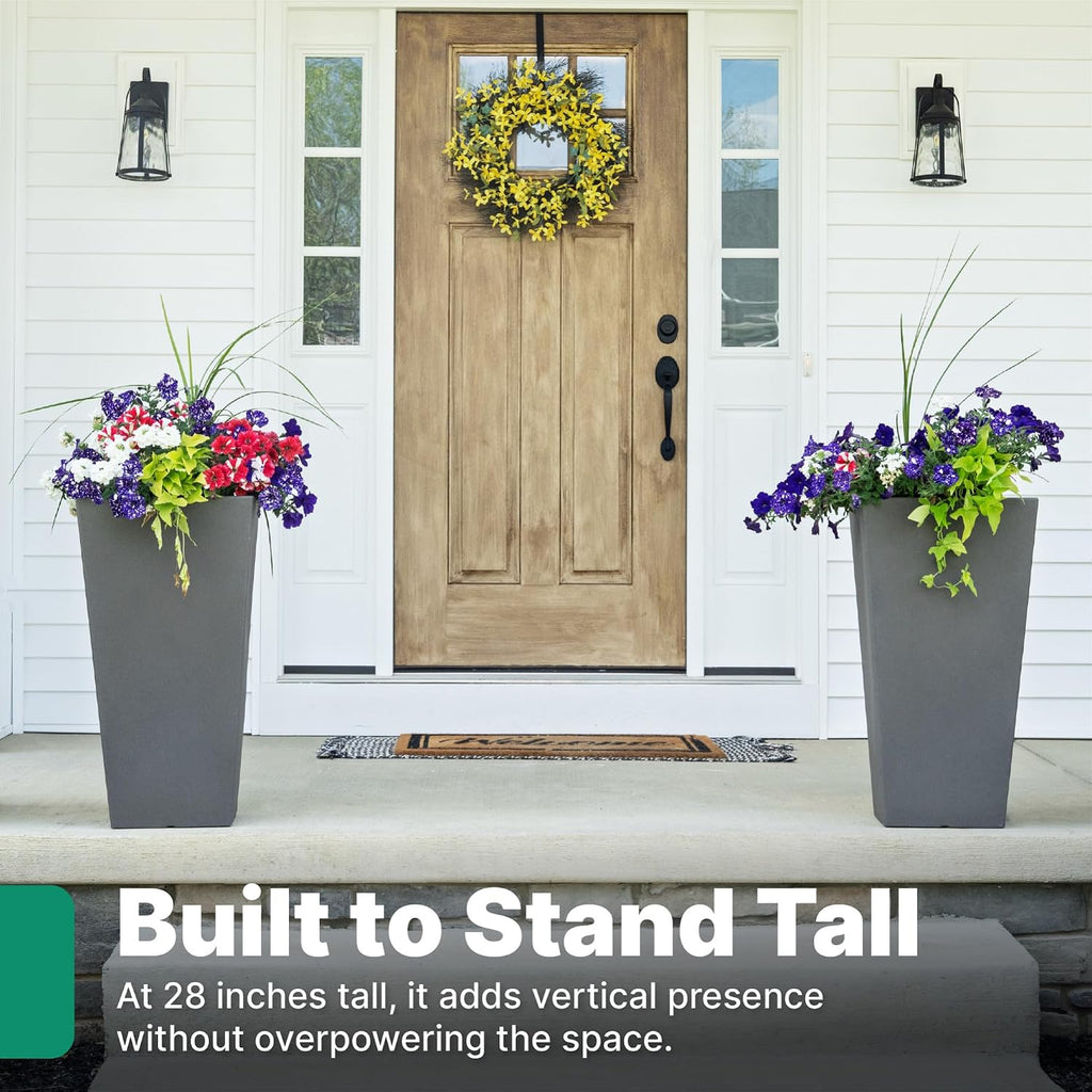 Step2 Tremont Tall Square Tapered Planter, 28' 2-Pack, Indoor/Outdoor Plants, Efficient Drainage, Durable Resin, Dark Cedar