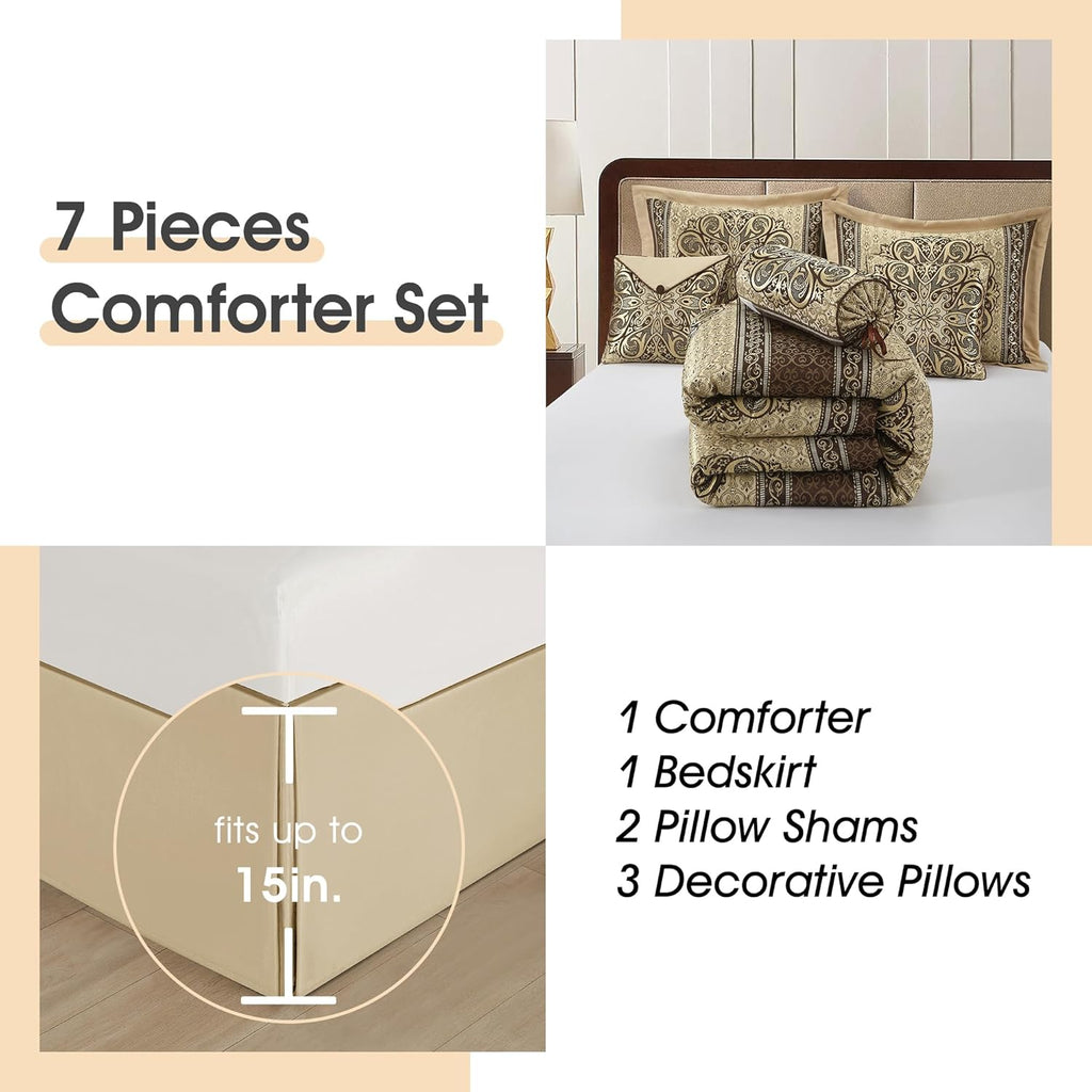 LANCO MODERN LIFESTYLE California King Comforter Set, Brown Medallion Jacquard Design, Luxurious Bohemian 7 Pieces Bedding Set with Decorative Pillows and Bed Skirt